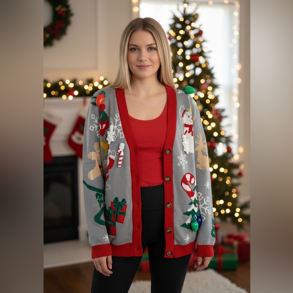 NEW Giggling Getup Women Medium Ugly Christmas Cardigan Grey 3D Holiday